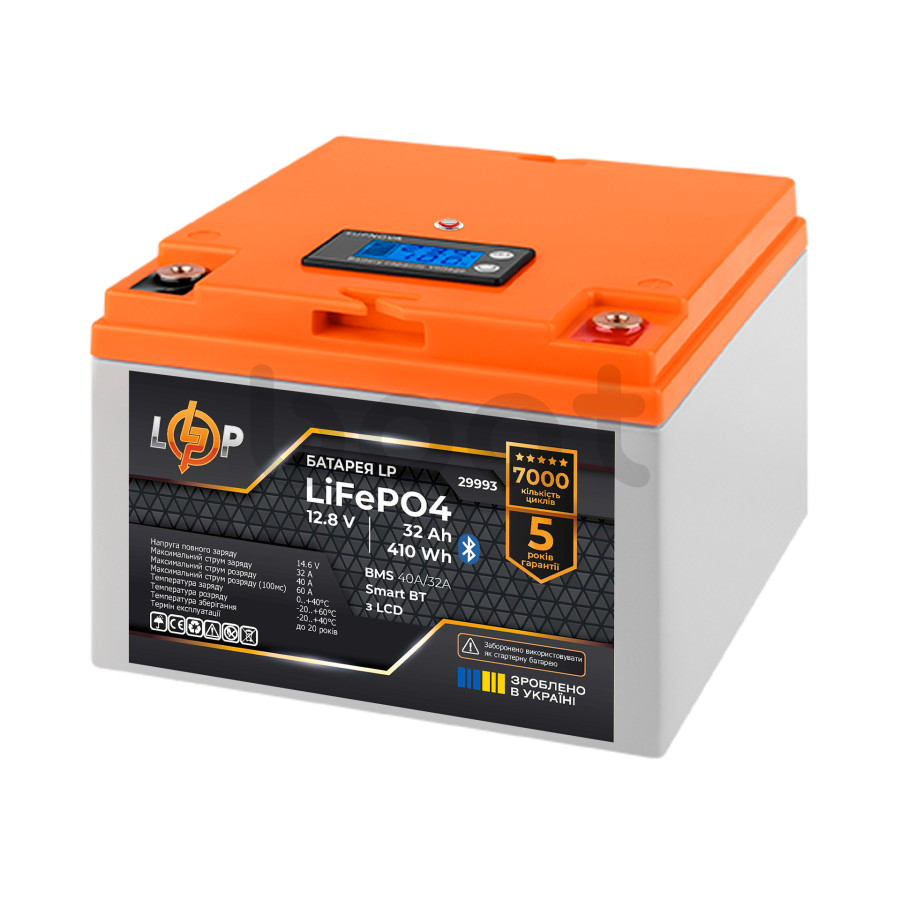 Акумулятор LogicPower LP LiFePO4 12,8V - 32 Ah (410Wh) (BMS 40А/32A) пластик LCD Smart BT - зображення №2